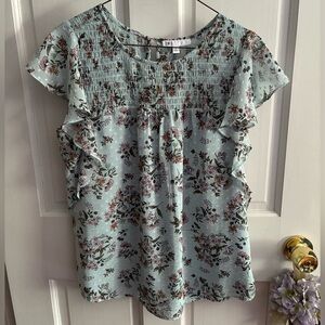 DR2 Floral Ruffle Sleeve Blouse - Blue and Brown. Size S